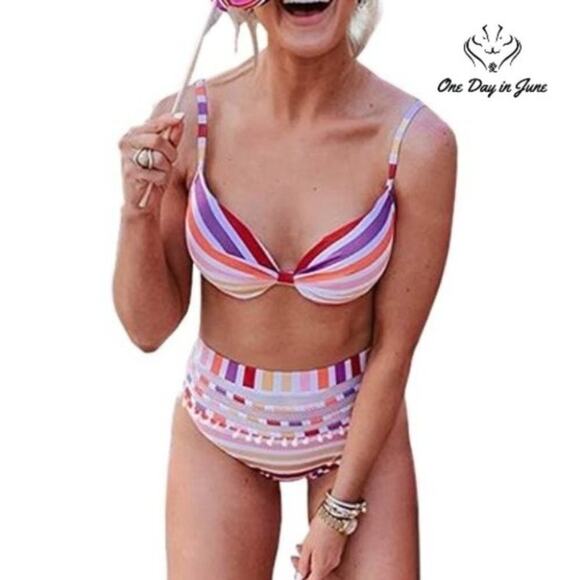 Dokotoo Striped High Waist Bikini Size M - Picture 1 of 3